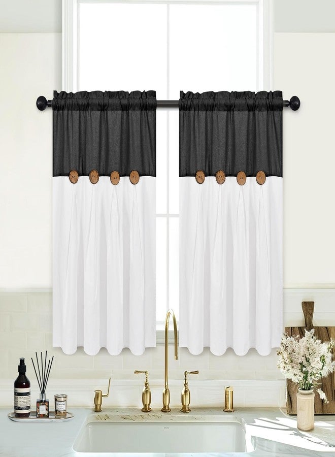 FRAMICS Boho Kitchen Curtains 36 Inch Length, Farmhouse Cotton Linen Tier Curtains, Rustic Button Short Curtains for Windows, Black Country Cafe Curtains, Rod Pocket Small Window Curtains for Kitchen, 26x36 - Image 2